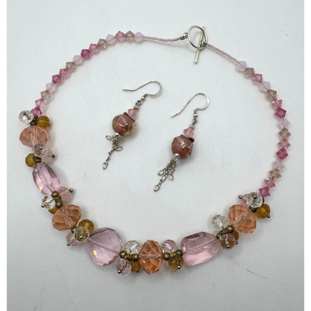 Pink Peach Beaded Statement Necklace & Lampwork Dangle Earring Set 16" Romantic